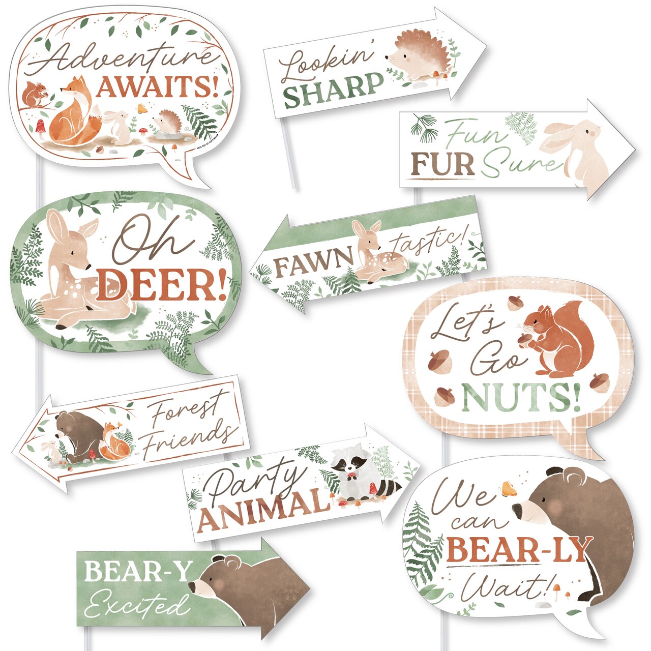 Big Dot of Happiness Funny Woodland Animals Photo Booth Props Kit, Forest-Themed Puns for Baby Shower or Birthday Supplies - 10 Ct Selfie Prop Sticks